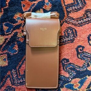 Celine Cognac Leather Slim Phone Pouch with Gold Logo